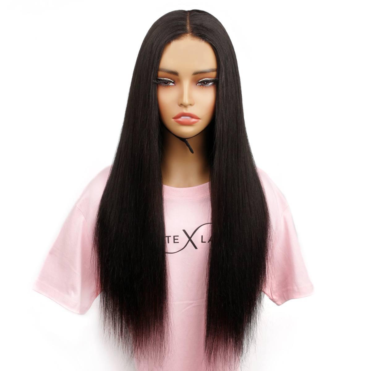 1/6 女性ヘッドD : Black Medium Straight Hair Yaki Straight 2x6 HD Lace Closure 100% Human Hair Glueless Wig