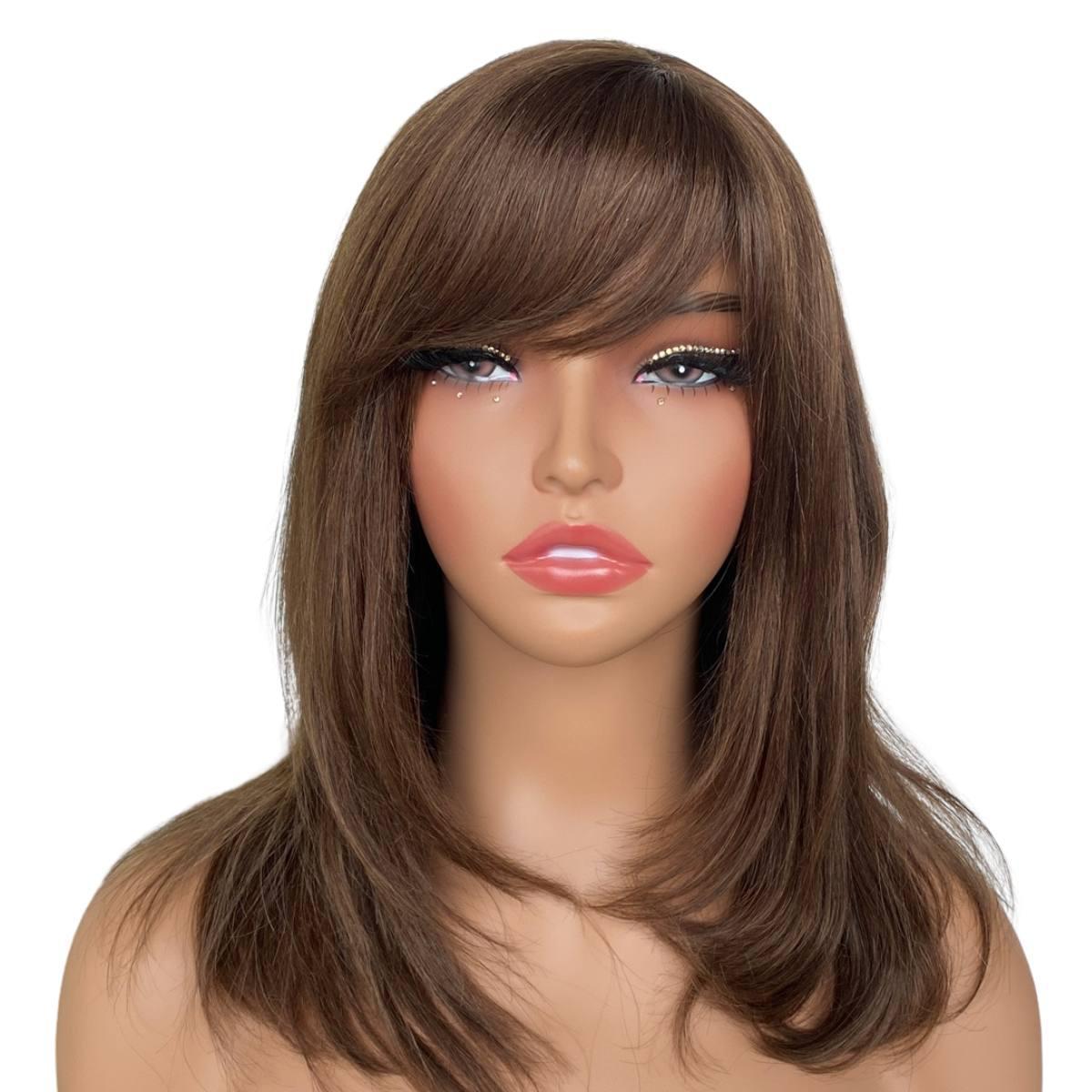- - Human hair blend dark brown wig with bang Amazon.com : YOUGRACE Dark Brown Wig with Bangs, Wavy Wigs  main image 2