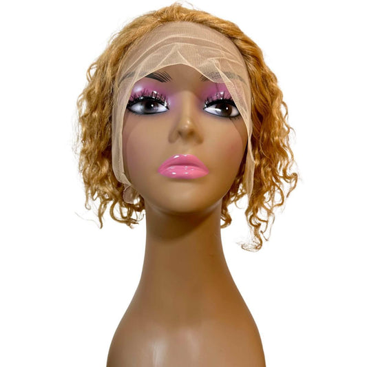 Honey Blonde Curly 13x1 Transparent Lace Front Pixie Wig