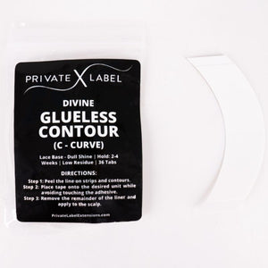 front of glueless contour C curve label with lace tape beside it