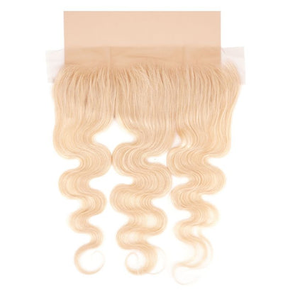 Russian blonde body wave lace frontal on cream background