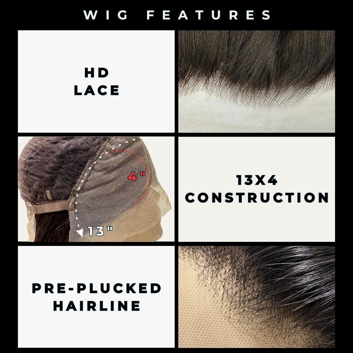 wig features-HD Lace- 13x4 construction- pre-plucked hairline