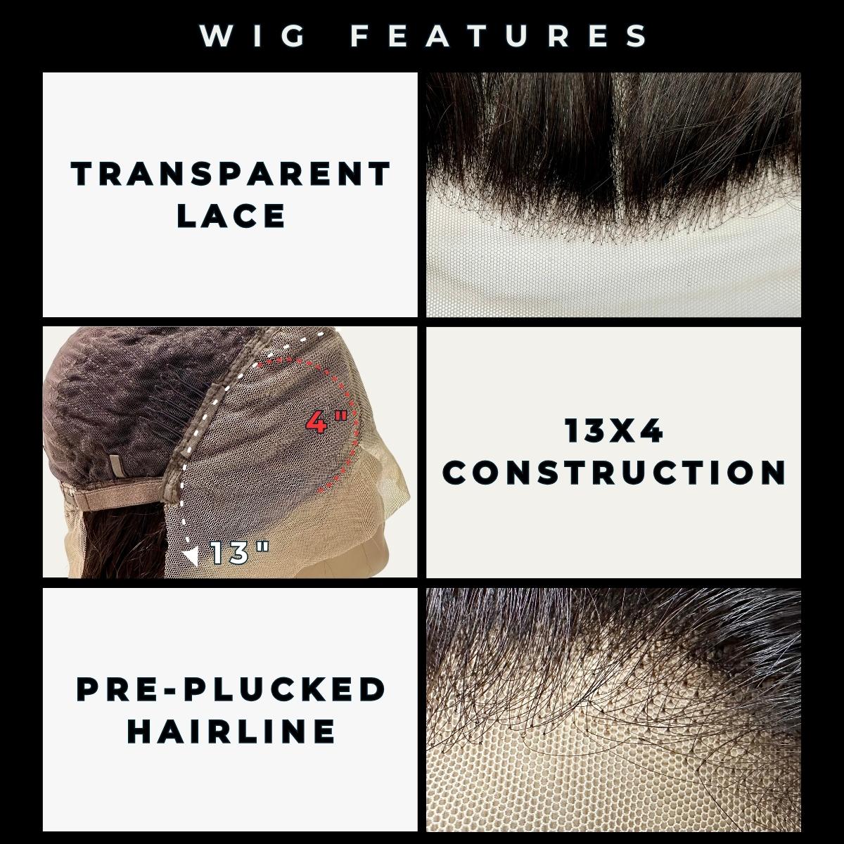 wig features- transparent Lace- 13x4 construction- pre-plucked hairline