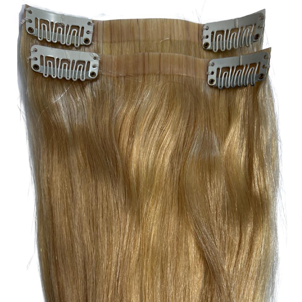 blonde seamless clip ins two pieces inside close up