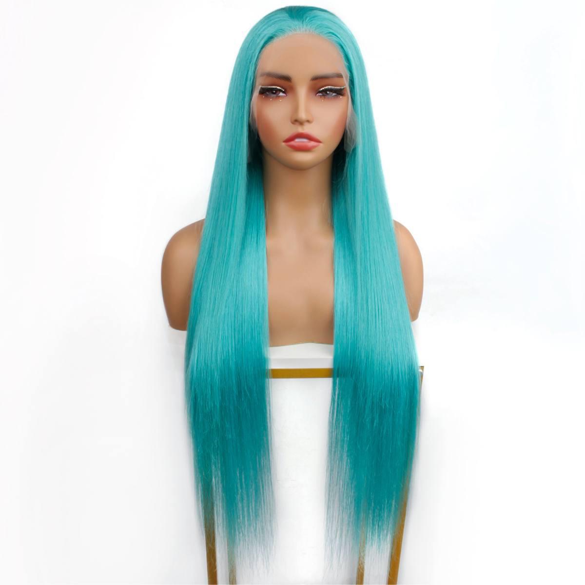 Aqua Blue Straight 13x4 Transparent Lace Front Wig - Private Label