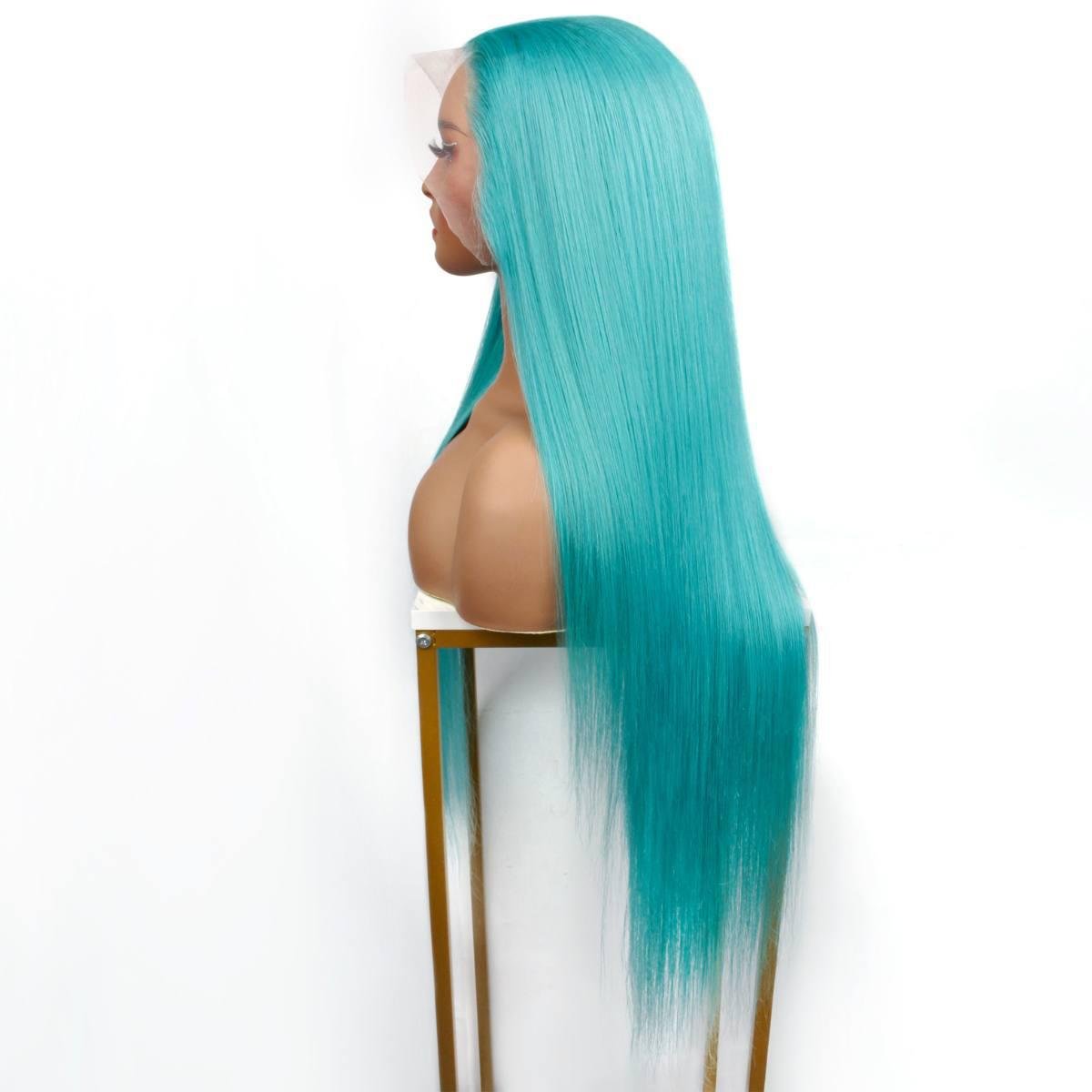 Aqua Blue Straight 13x4 Transparent Lace Front Wig - Private Label