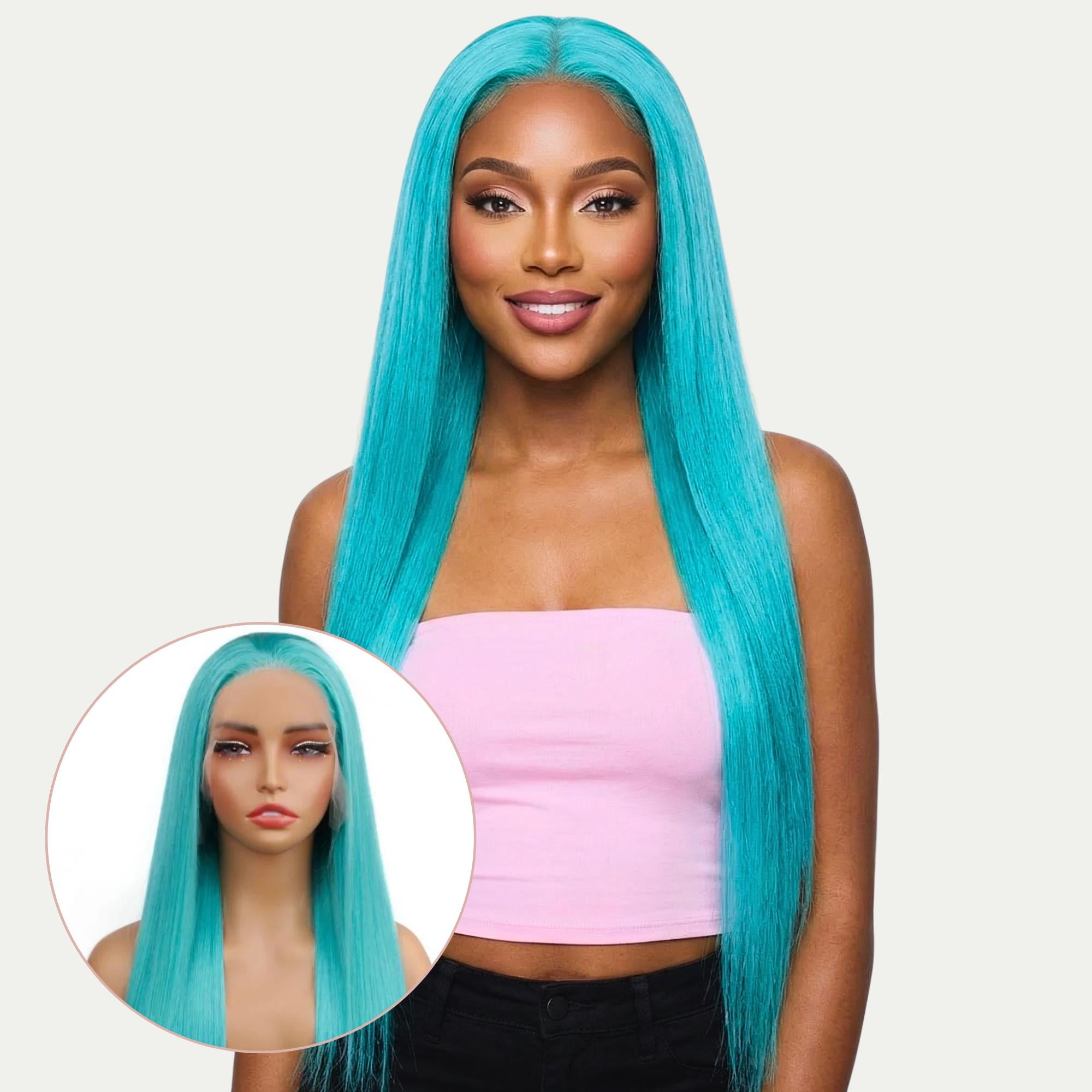 Aqua Blue Straight 13x4 Transparent Lace Front Wig - Private Label