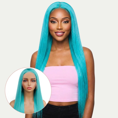 Aqua Blue Straight 13x4 Transparent Lace Front Wig - Private Label