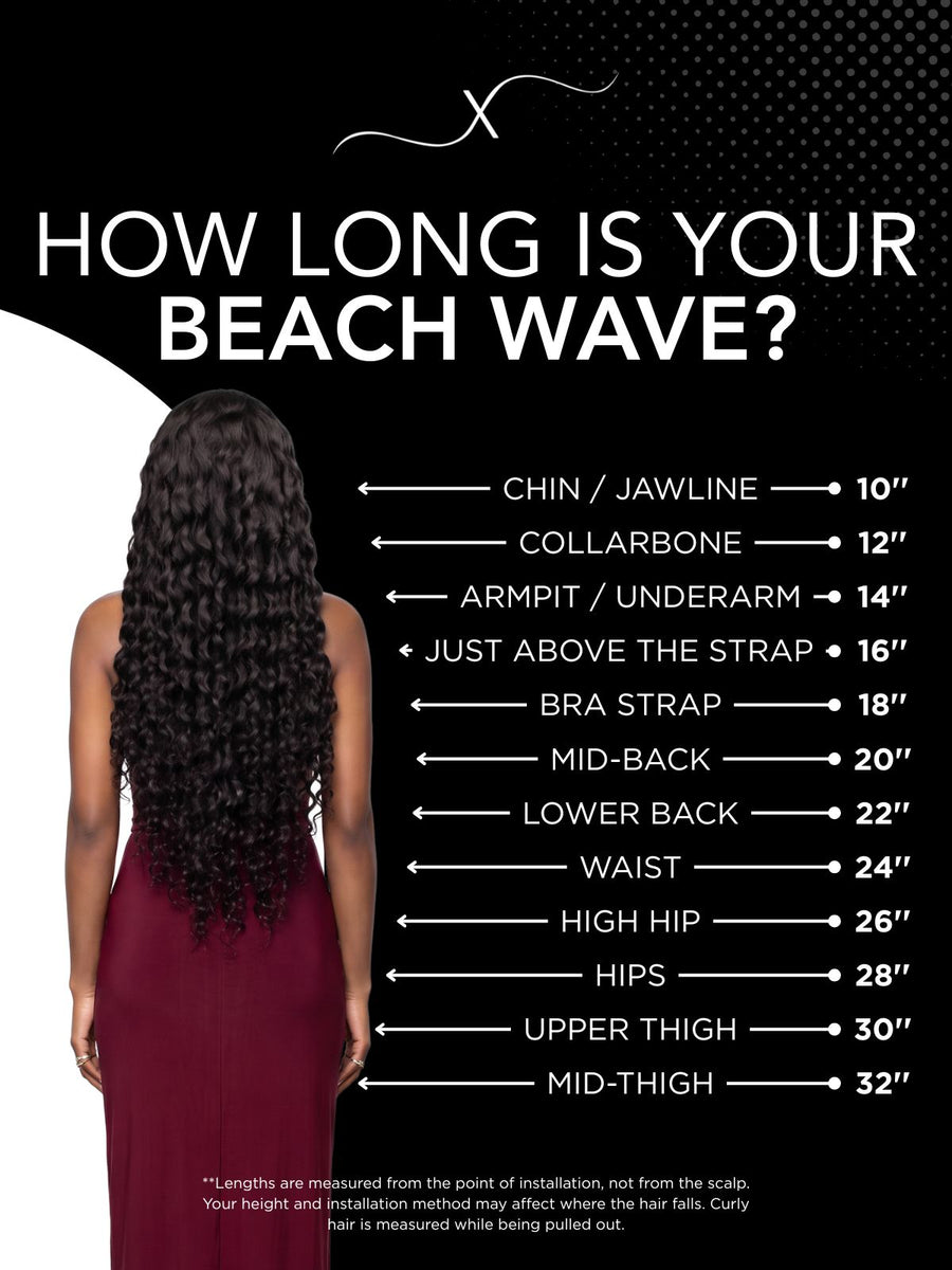 Length chart for Beach Wave 4x4 Transparent Lace 100% Human Hair Closure Wig, showing where each available length falls on a model.