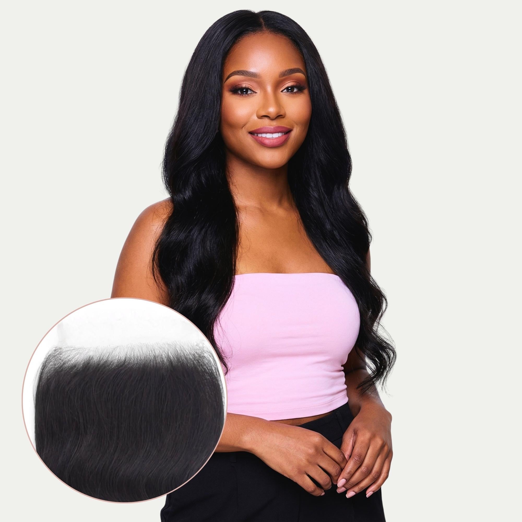woman wearing body wave 5x5 hd lace human hair closure