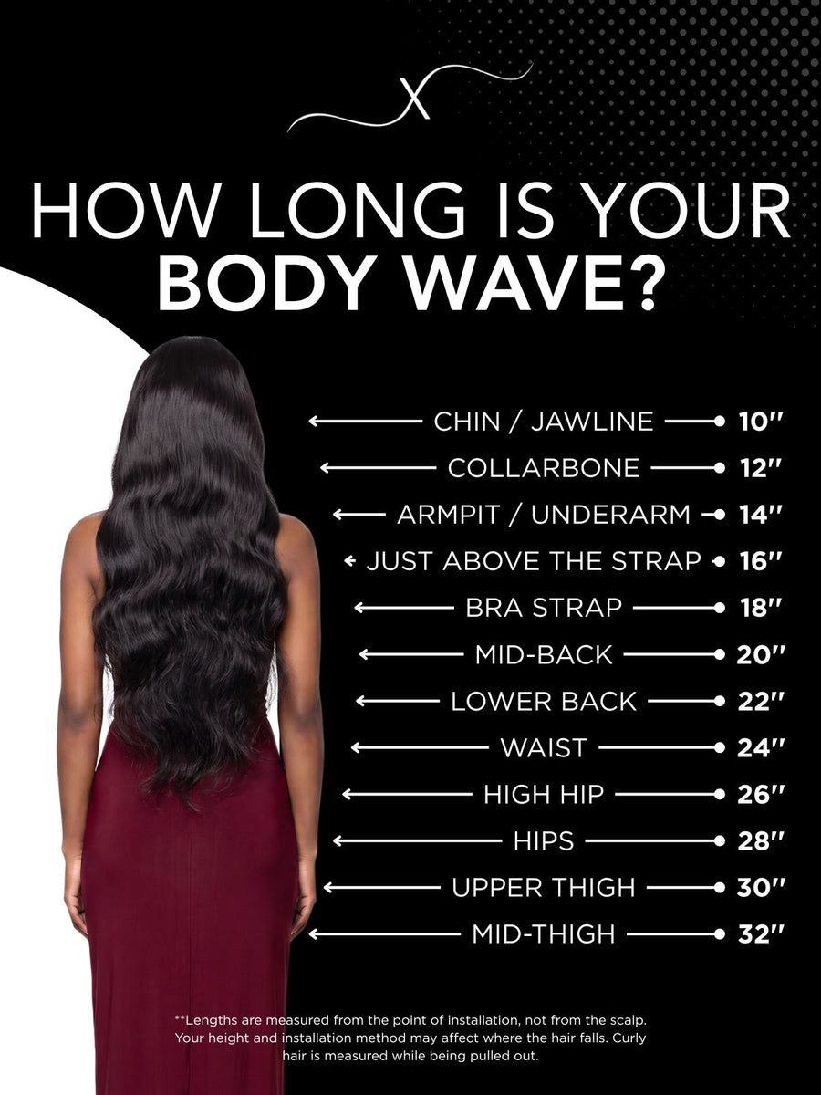 Length chart for Blonde Body Wave Human Hair Headband Wig SALE, showing where each available length falls on a model.