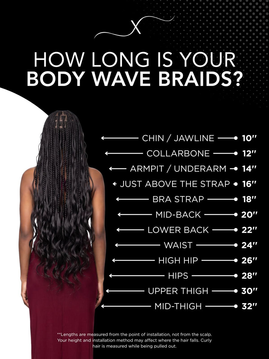 Length chart for Body Wave  Bulk 100% Human Braiding Hair, showing where each available length falls on a model.