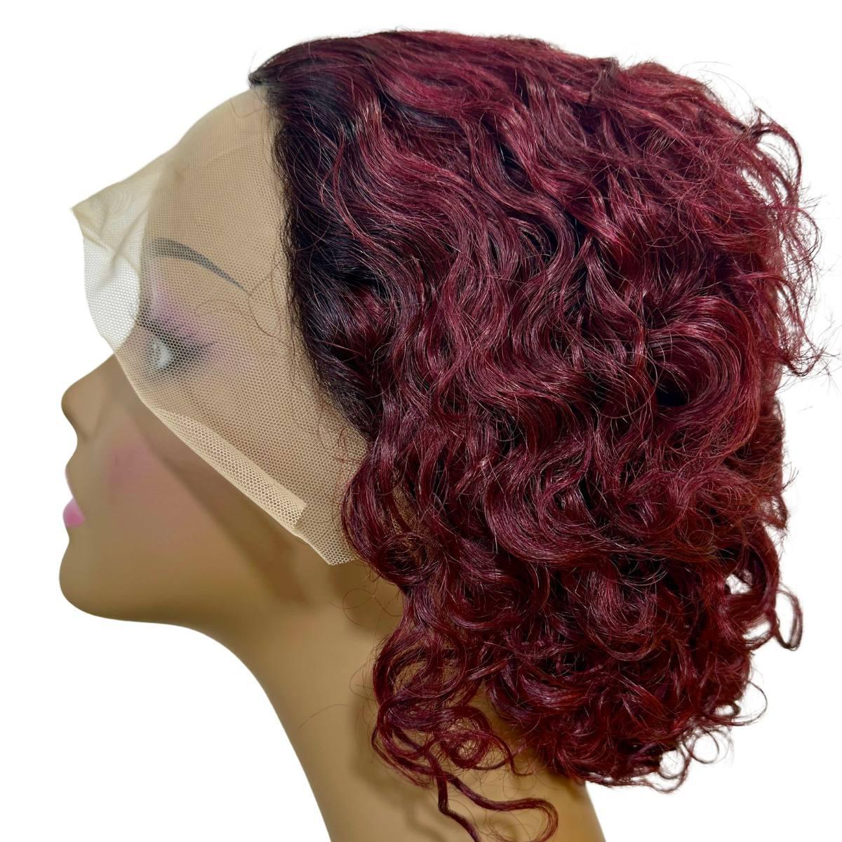 Burgundy Ombre Curly 13x1 Transparent Lace Front Pixie Wig Side