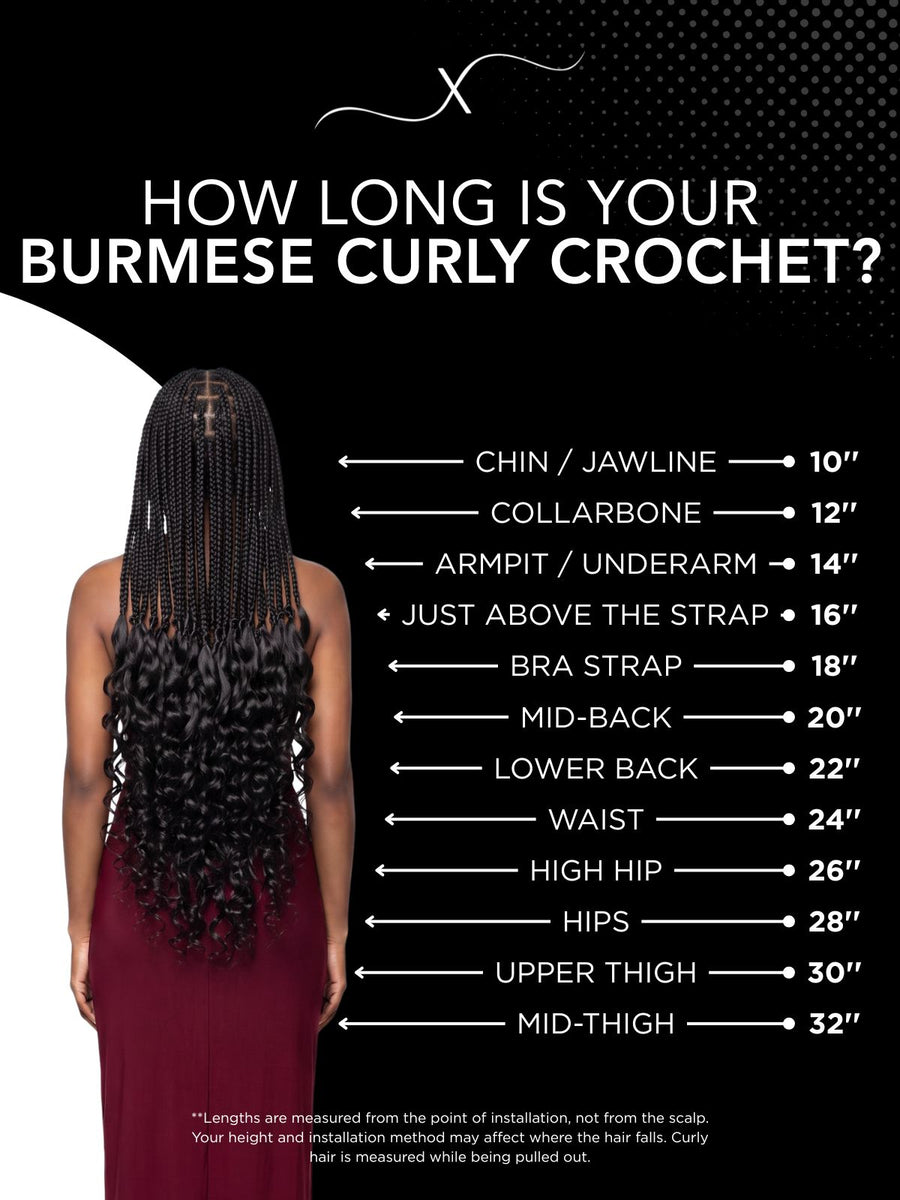 Length chart for 20" Burmese Curly Feather Crochet Human Hair, showing where each available length falls on a model.