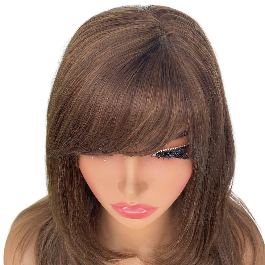Medium Brown Straight 100% Human Hair Capless Bang Wig - Private Label