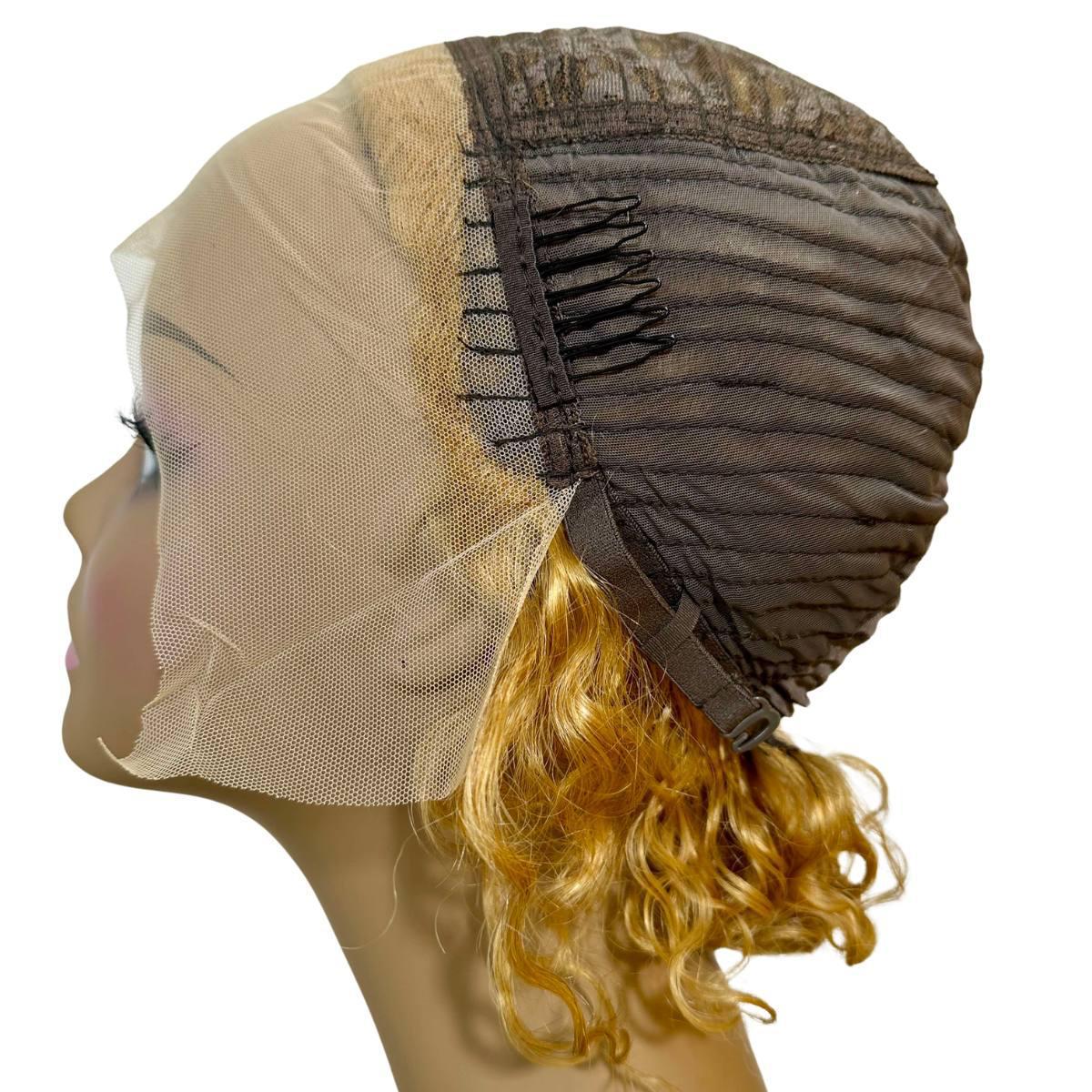 Honey Blonde Ombre Curly 13x1 Transparent Lace Front Pixie Wig Cap Side
