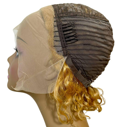 Honey Blonde Ombre Curly 13x1 Transparent Lace Front Pixie Wig Cap Side