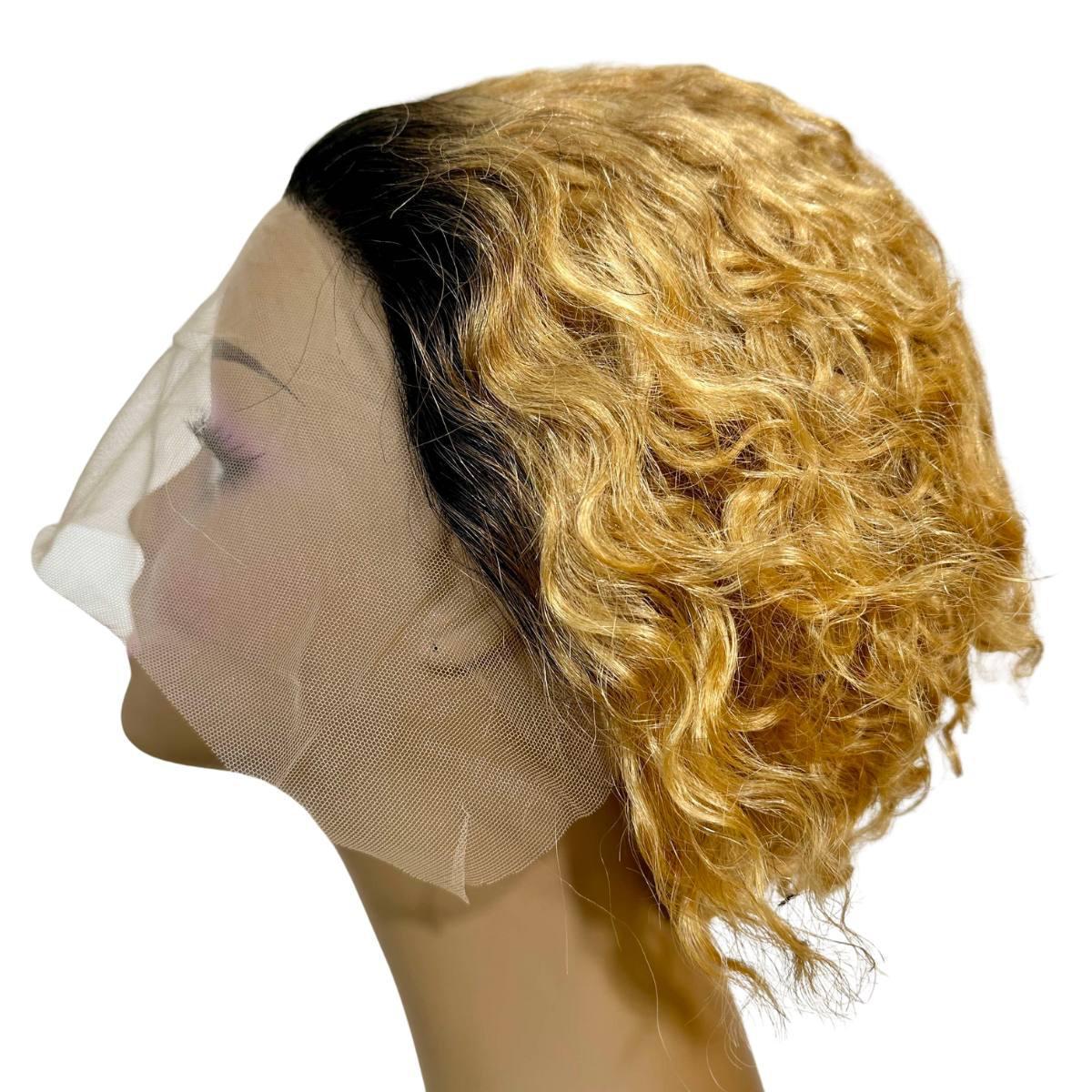 Honey Blonde Ombre Curly 13x1 Transparent Lace Front Pixie Wig Side