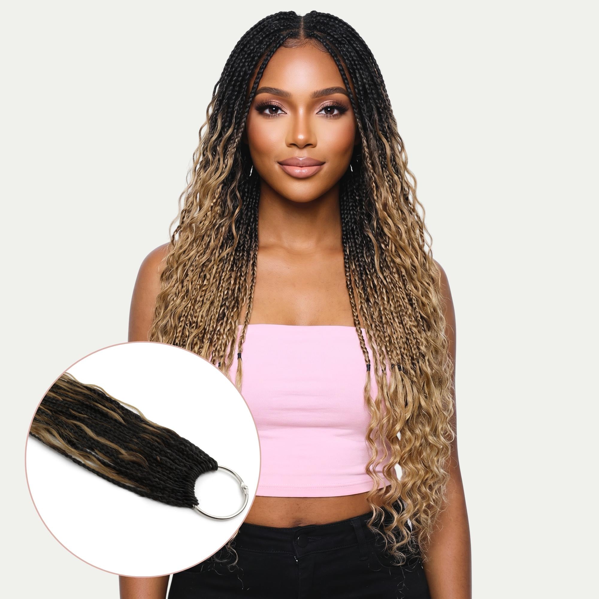 Honey Blonde Ombre Deep Wave Boho Box Braids with Human Hair Crochet Curls - Private Label