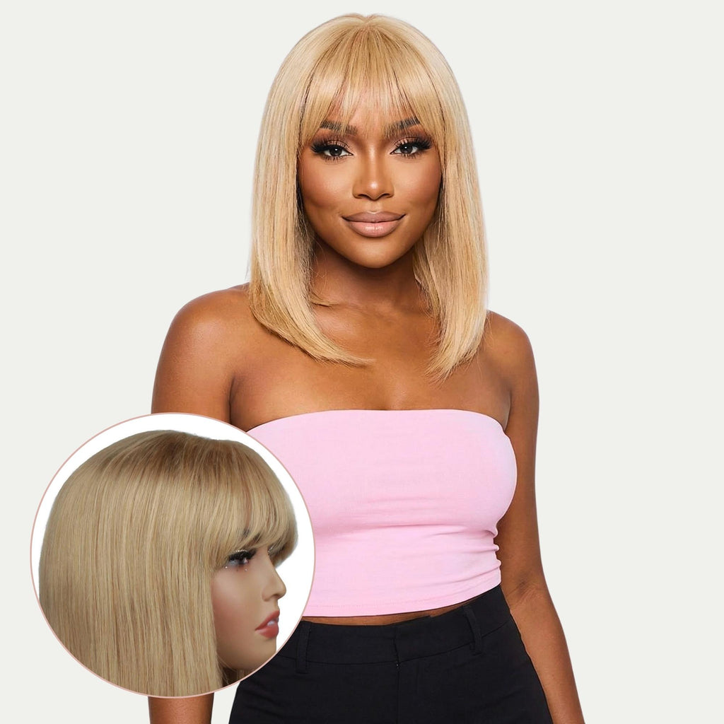 Honey Blonde Straight 100% Human Hair Capless Bang Bob Wig - Private Label