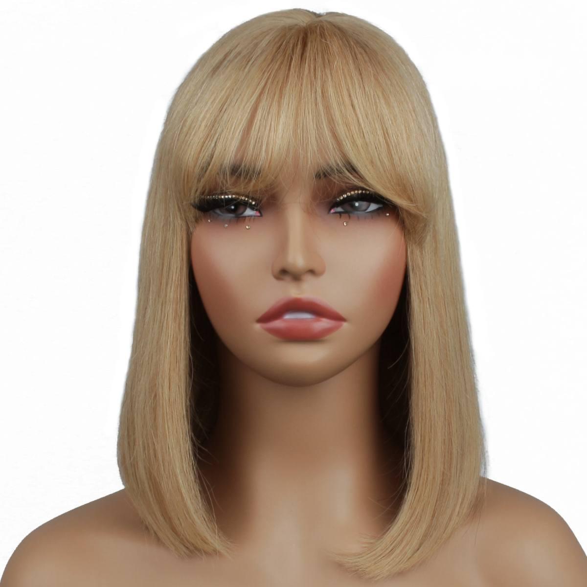 Honey Blonde Straight 100% Human Hair Capless Bang Bob Wig - Private Label