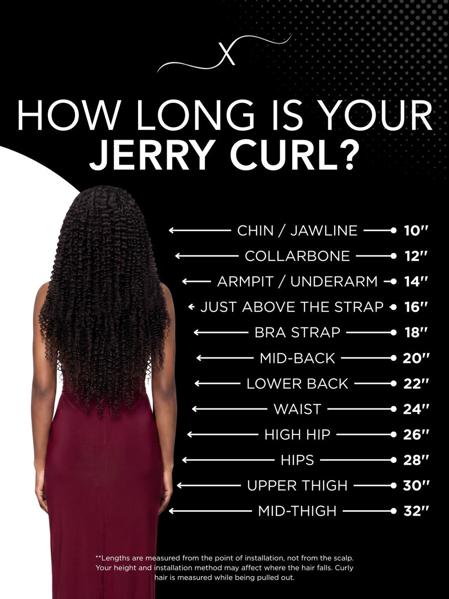 Length chart for Jerry Curl 2x6 HD Lace 100% Human Hair Closure, showing where each available length falls on a model.