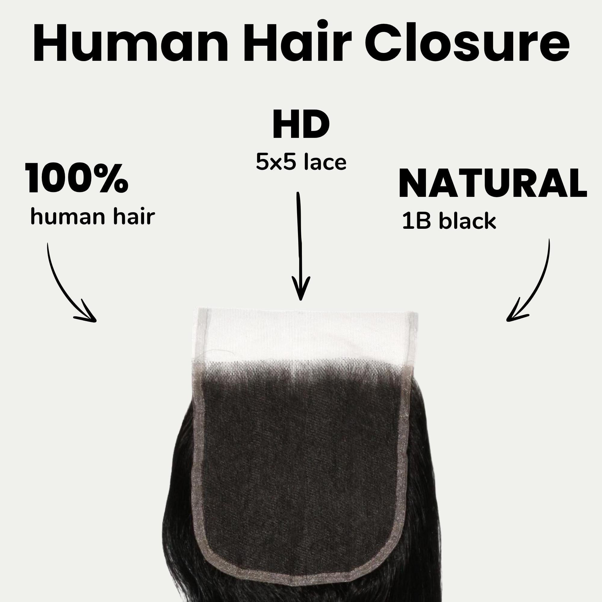 Jet Black Body Wave 5x5 HD Lace Human Hair Closure - Private Label