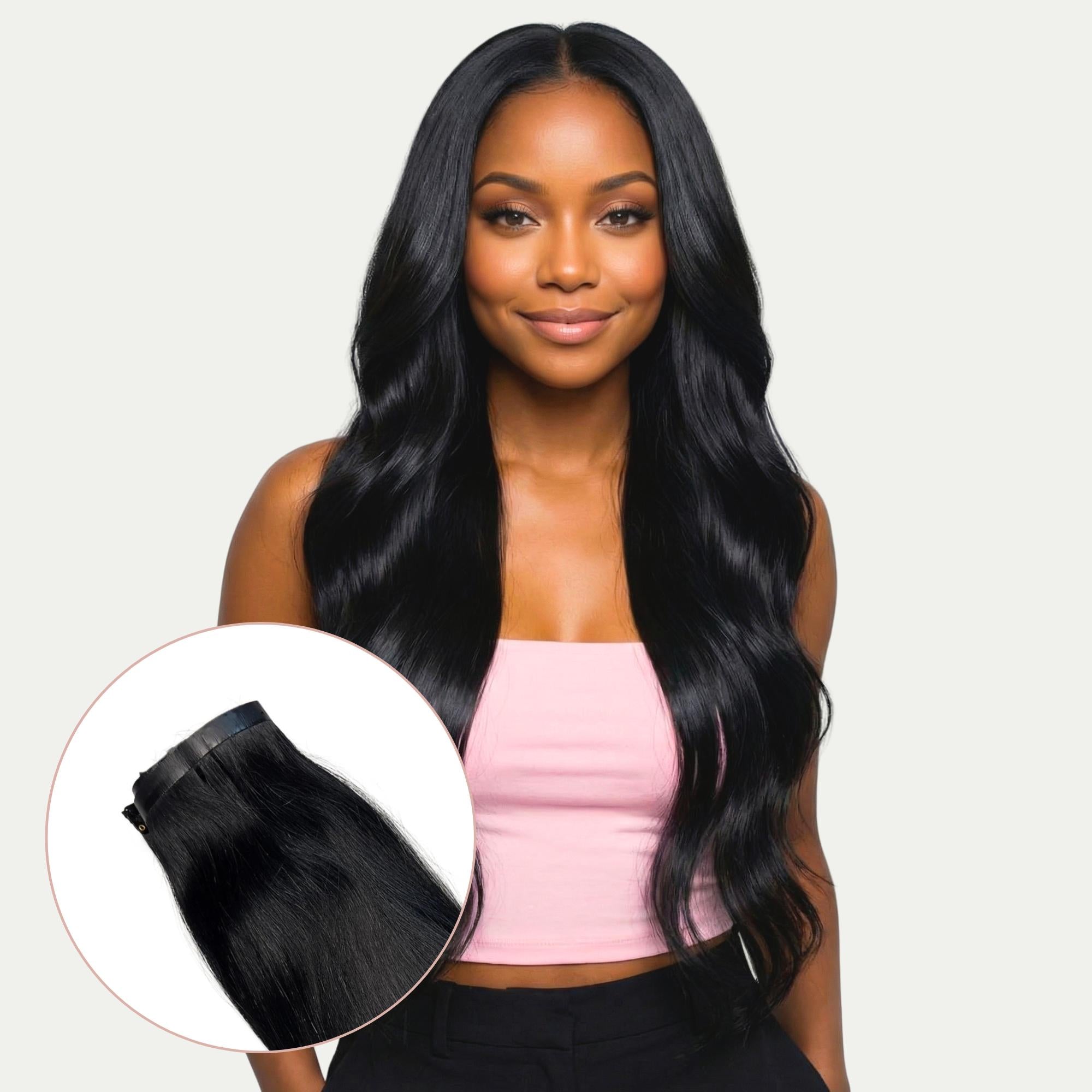 Jet Black Seamless Clip - In 100% Human Hair Extensions - Private Label