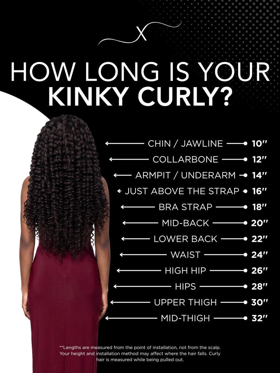 Length chart for Kinky Curly 100% Human Hair Bundle Deals, showing where each available length falls on a model.