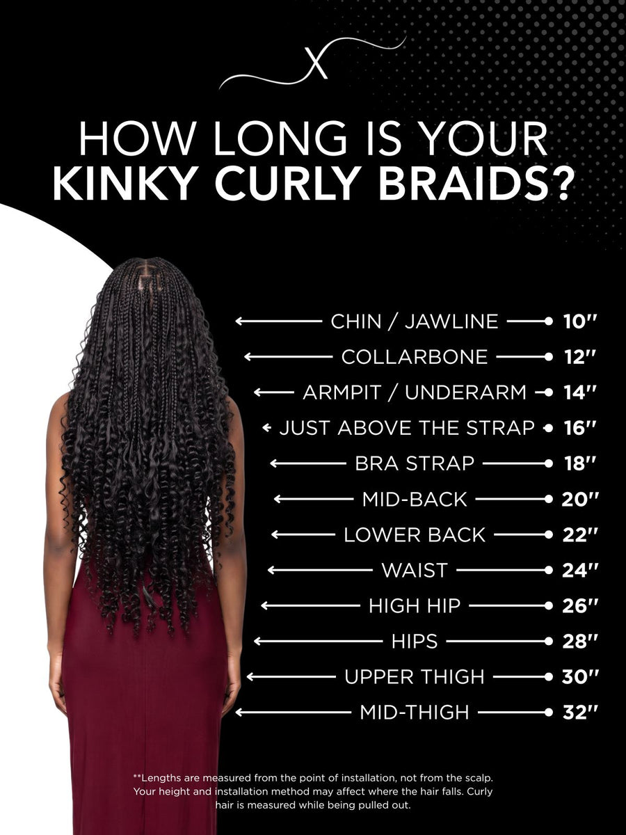 Length chart for Kinky Curly Bulk 100% Human Braiding Hair, showing where each available length falls on a model.