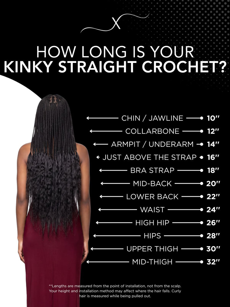 Length chart for 20" Kinky Straight Feather Crochet Human Hair, showing where each available length falls on a model.