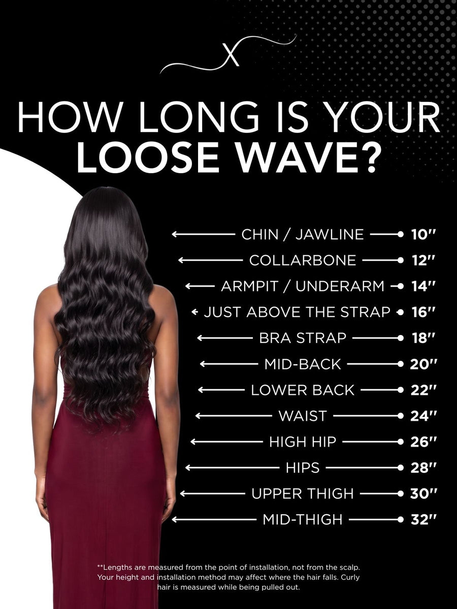 Length chart for Loose Wave 100% Human Hair Bundle Deals, showing where each available length falls on a model.