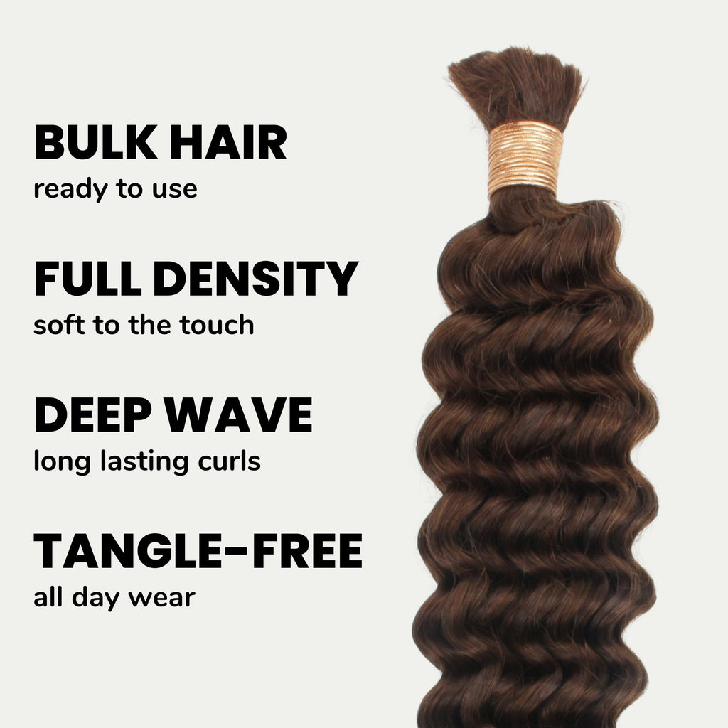 Medium Brown Deep Wave Color 4 Bulk 100% Human Braiding Hair - Private Label