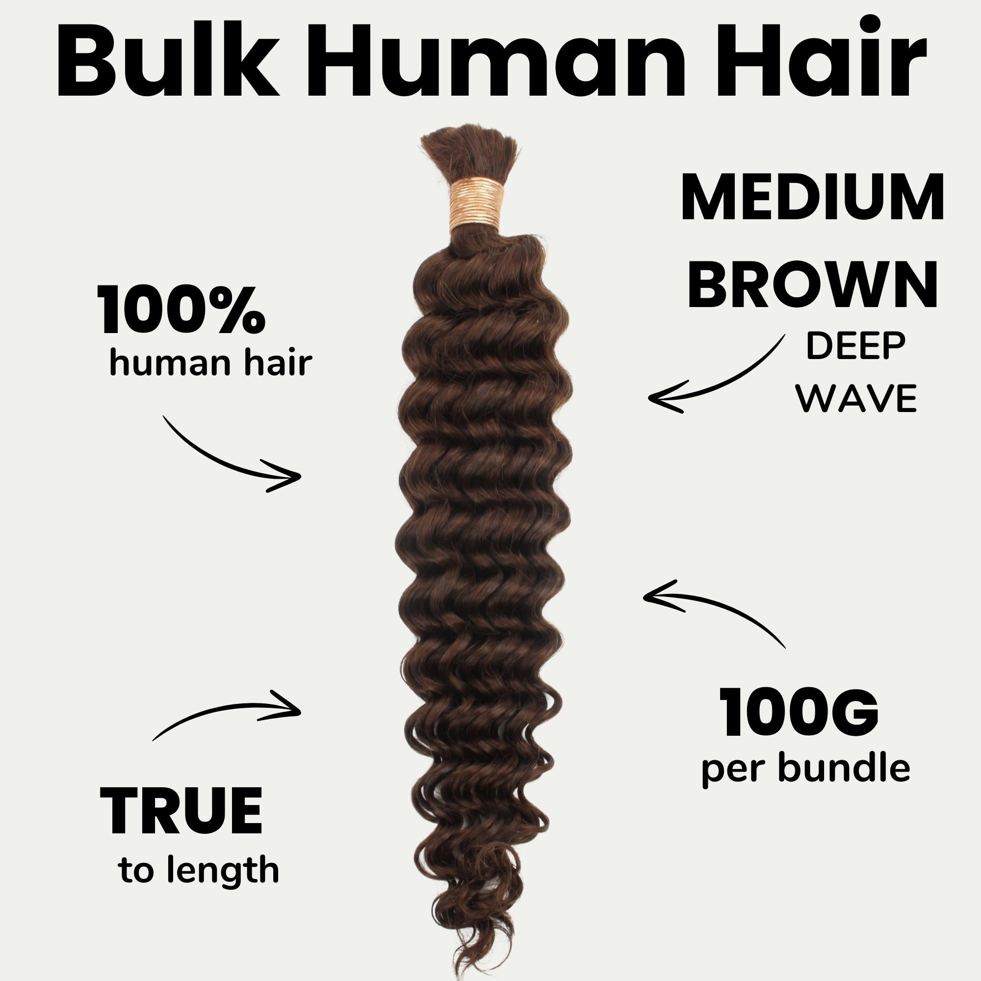 Medium Brown Deep Wave Color 4 Bulk 100% Human Braiding Hair - Private Label