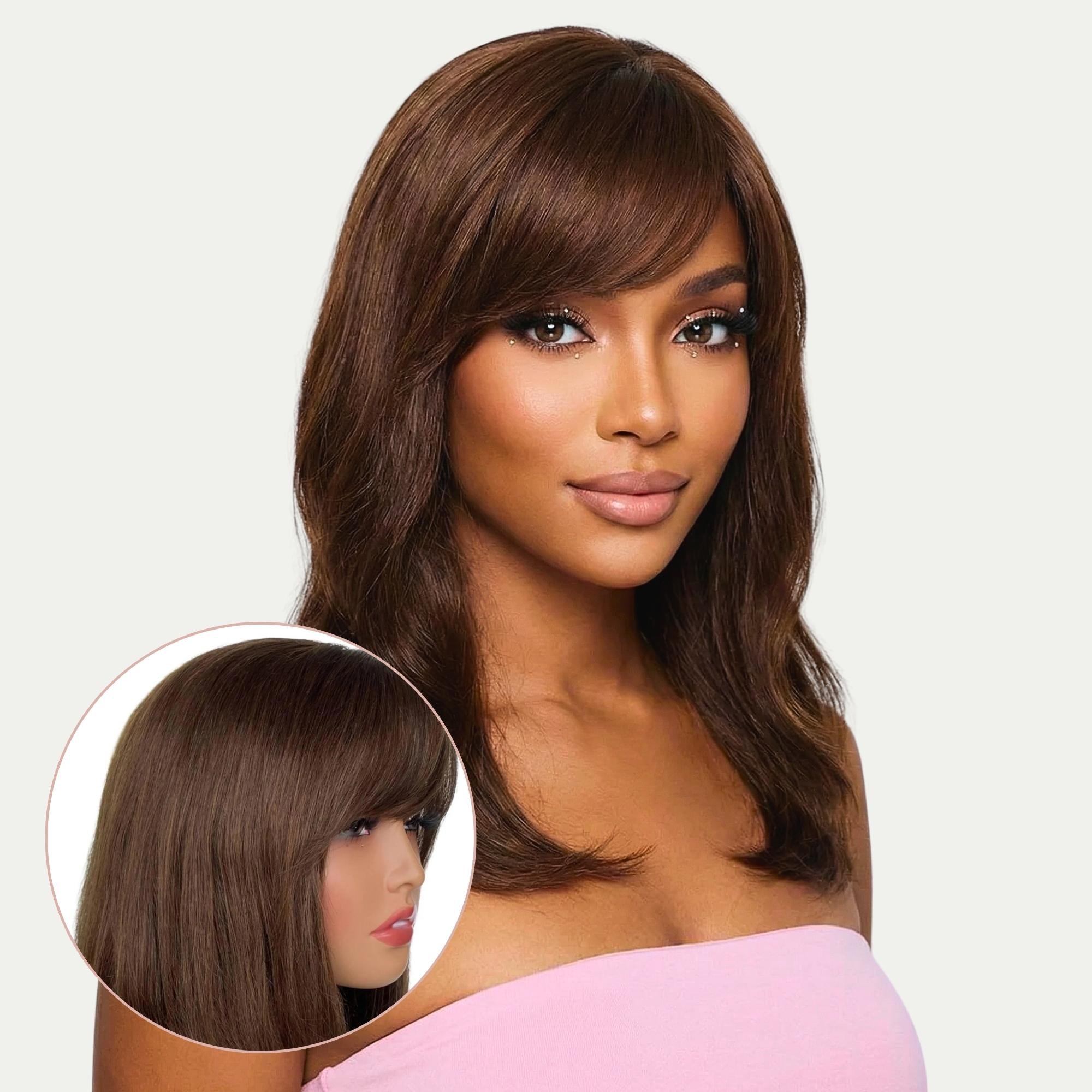 Medium Brown Straight 100% Human Hair Capless Bang Wig - Private Label