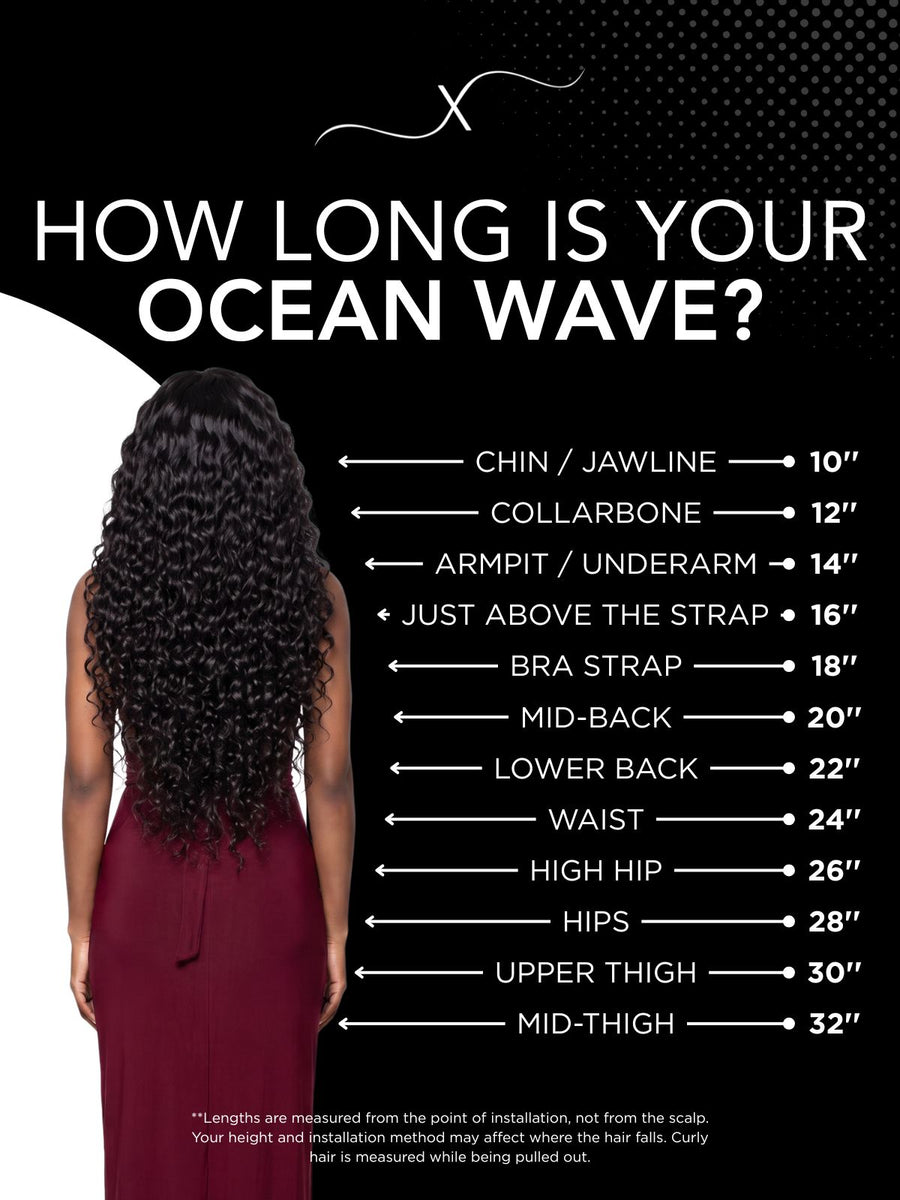 Length chart for Burgundy Ocean Wave V Part 100% Human Hair Wig, showing where each available length falls on a model.