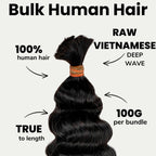 Raw Vietnamese Deep Wavy Bulk 100% Human Braiding Hair - Private Label