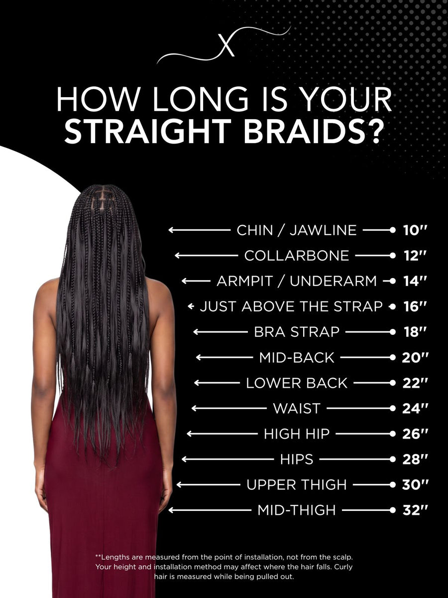 Length chart for Straight Bulk 100% Human Braiding Hair, showing where each available length falls on a model.