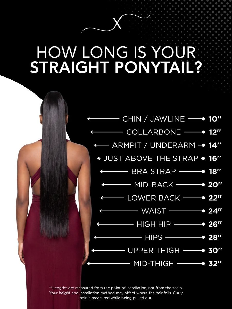 Length chart for Bleach Blonde Ponytail SALE, showing where each available length falls on a model.