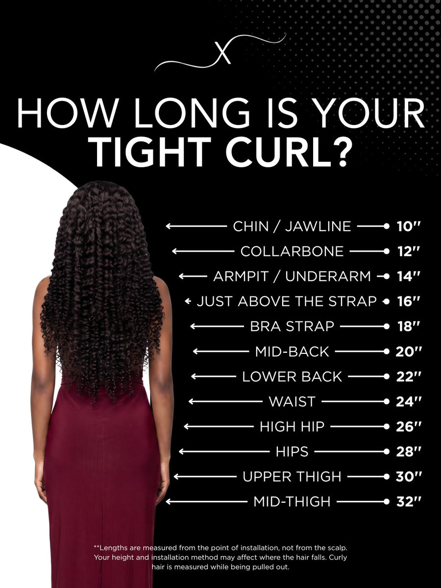 Length chart for Tight Curl V Part 100% Human Hair Wig, showing where each available length falls on a model.