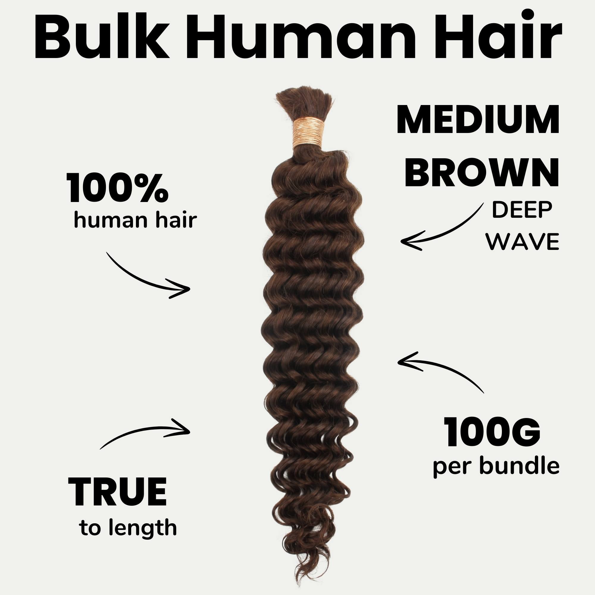 Medium Brown Deep Wave Color 4 Bulk 100% Human Braiding Hair - Private Label