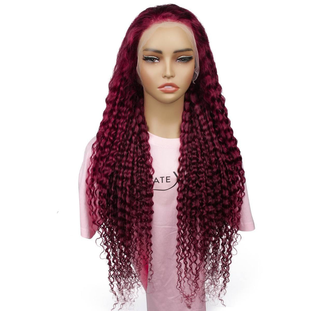Burgundy Curly 13x4 Transparent Lace Front Wig - Private Label