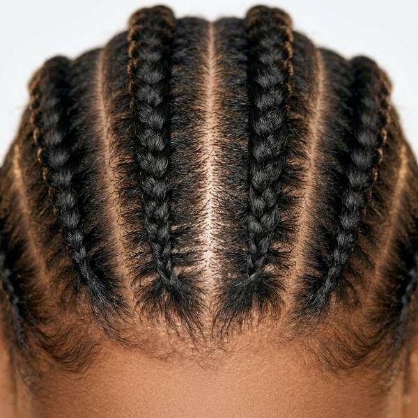 Close-up of a person's head with braided hair on a white background
