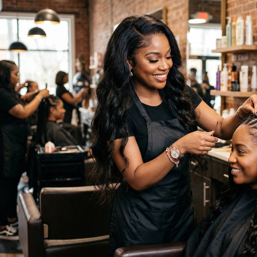 Woman getting her hair styled by another woman in a salon setting.