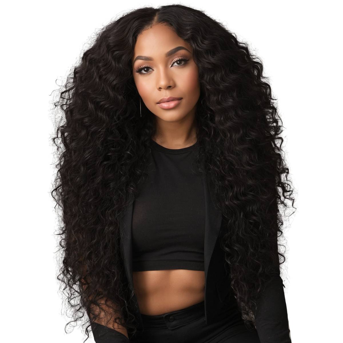 model wearing messy curl human hair v part wig