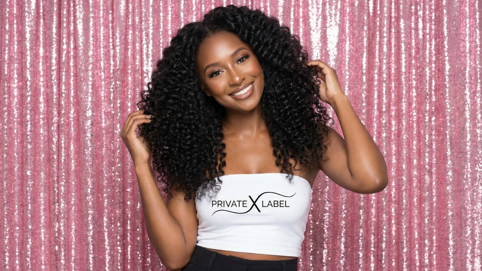 Woman with styled hair wearing a white top with 'Private Label' text against a pink textured background