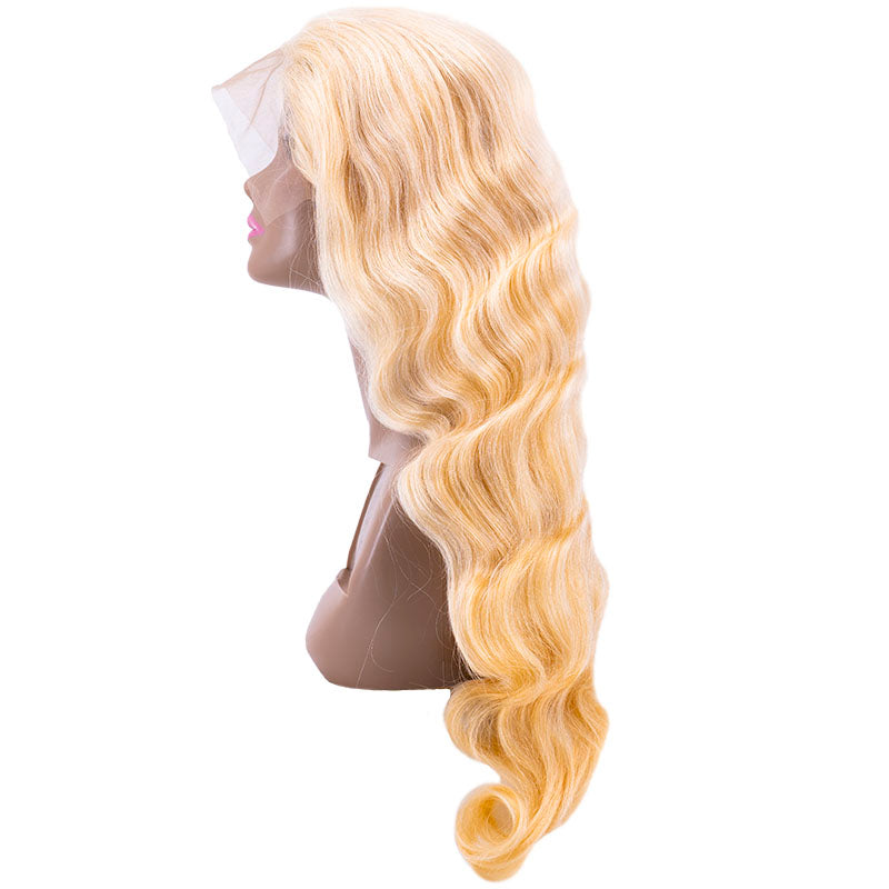 Side view of blonde body wave lace front wig on mannequin
