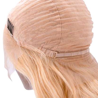 Up close view of adjustable strap and wig comb