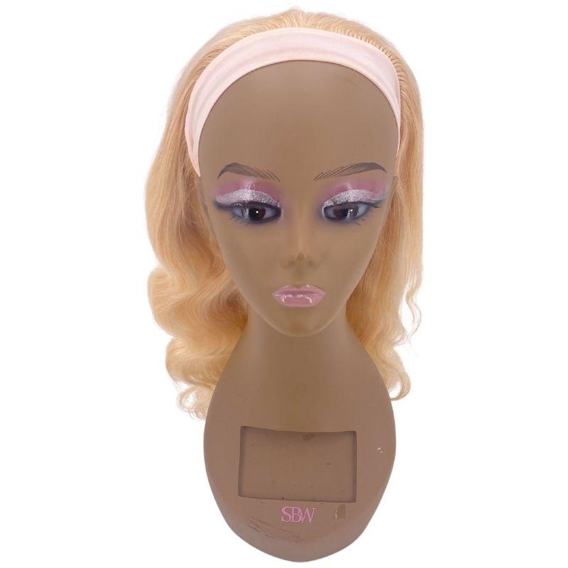 russian blonde body wave headband wig on mannequin