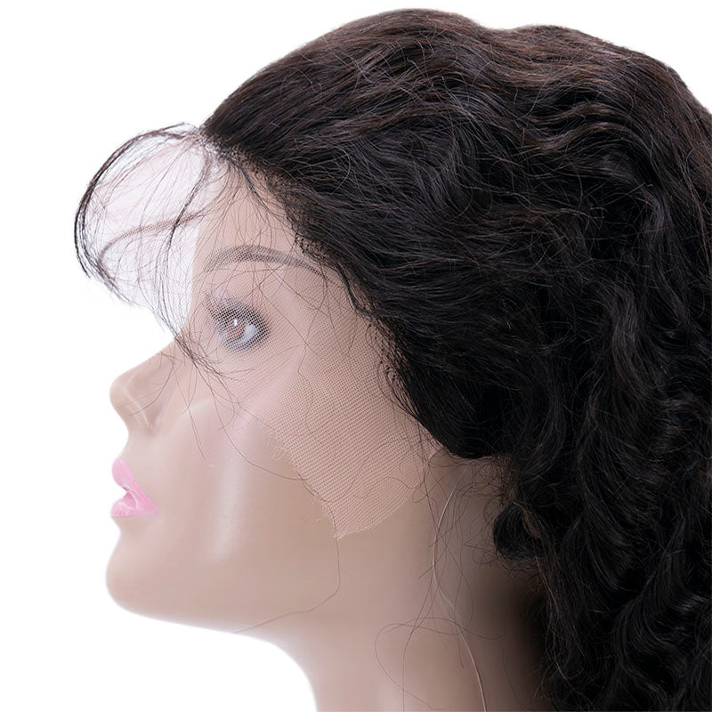 Deep wave HD lace front wig up close view on mannequin